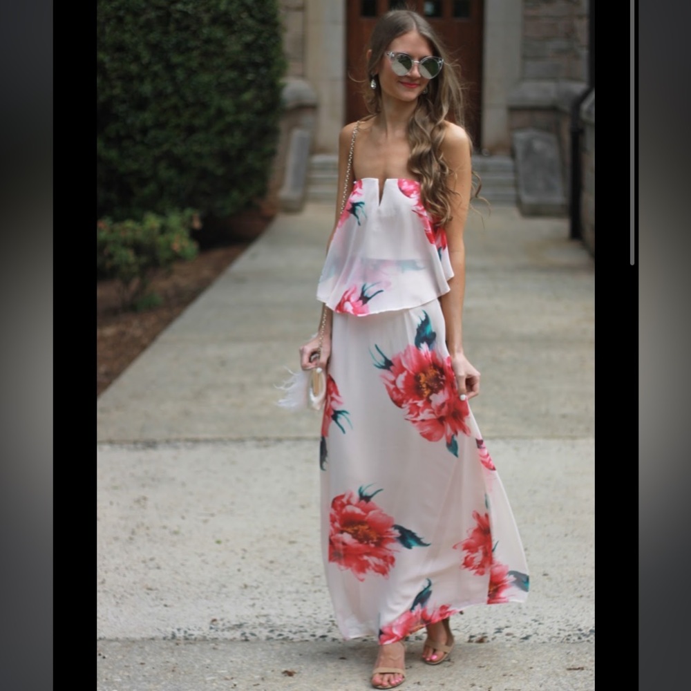 JODI KRISTOPHER FLORAL STRAPLESS MAXI DRESS WHITE PINK FLOWERS WEDDING SHOWER - Picture 5 of 7